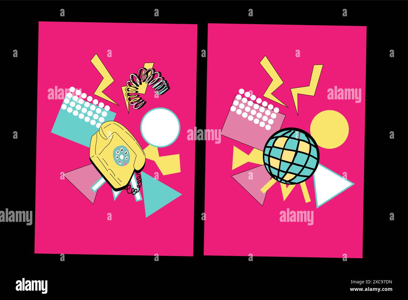 fond musical des années 90. Affiches disco rétro avec des éléments y2k ou 00s. Matériel de jeu ou de musique, ordinateur portable des années 90 Fond lumineux pour le réseau social Illustration de Vecteur