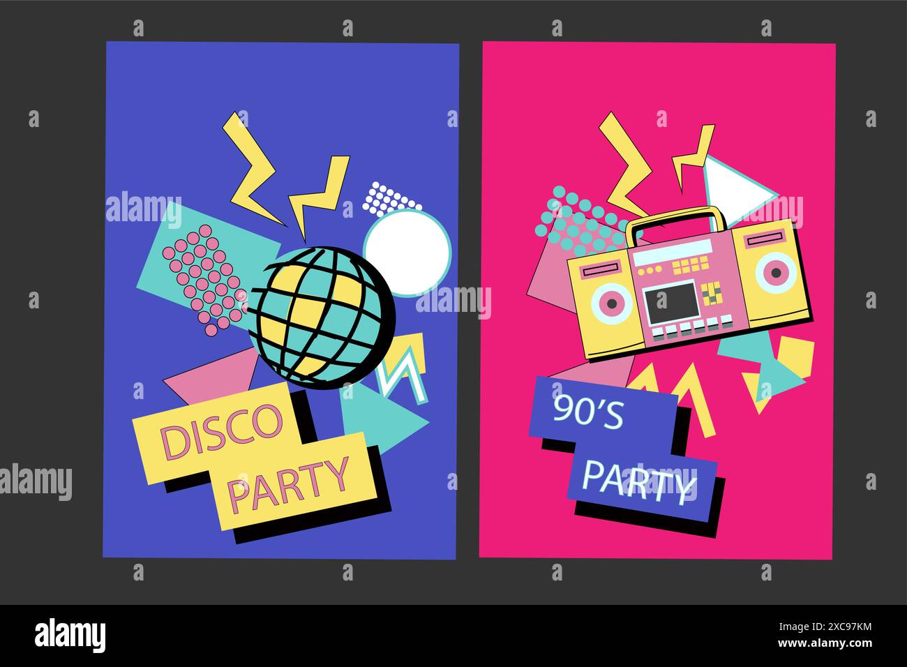fond musical des années 90. Affiches disco rétro avec des éléments y2k ou 00s. Matériel de jeu ou de musique, ordinateur portable des années 90 Fond lumineux pour le réseau social Illustration de Vecteur