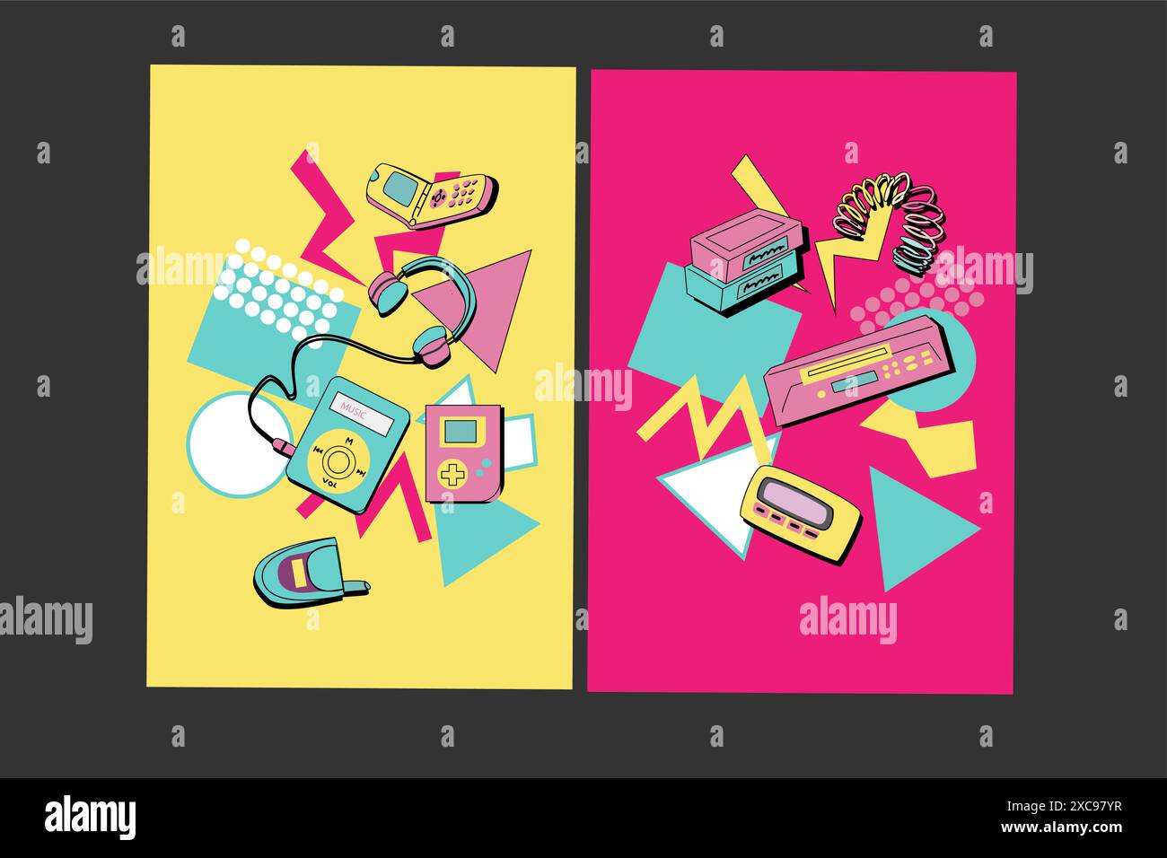 fond musical des années 90. Affiches disco rétro avec des éléments y2k ou 00s. Matériel de jeu ou de musique, ordinateur portable des années 90 Fond lumineux pour le réseau social Illustration de Vecteur