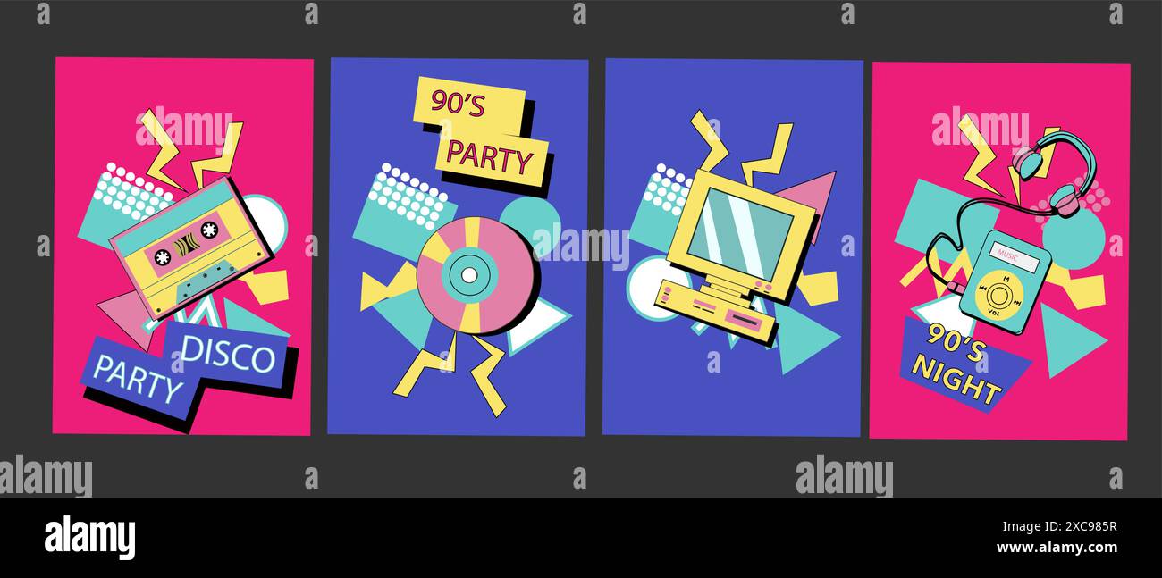 fond musical des années 90. Affiches disco rétro avec des éléments y2k ou 00s. Matériel de jeu ou de musique, ordinateur portable des années 90 Fond lumineux pour le réseau social Illustration de Vecteur
