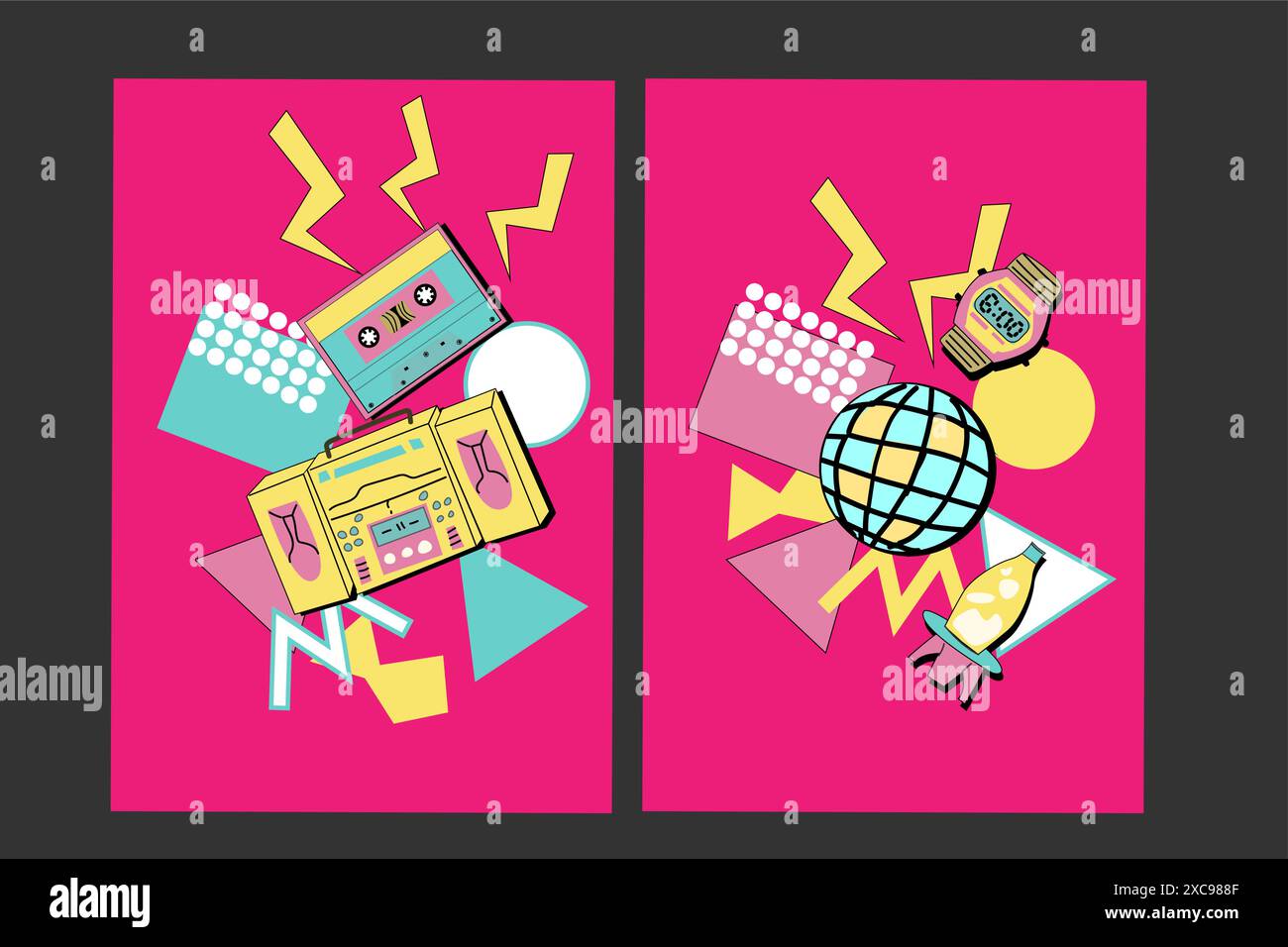 fond musical des années 90. Affiches disco rétro avec des éléments y2k ou 00s. Matériel de jeu ou de musique, ordinateur portable des années 90 Fond lumineux pour le réseau social Illustration de Vecteur