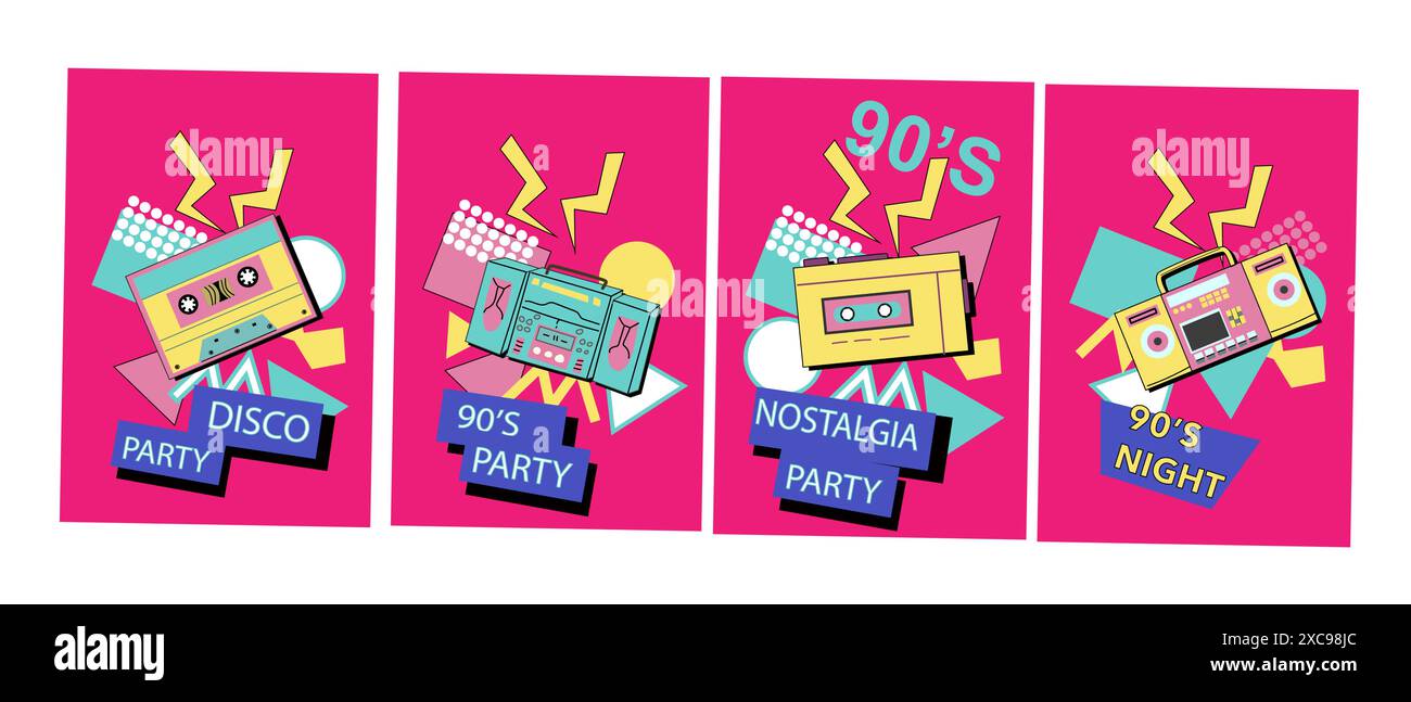 fond musical des années 90. Affiches disco rétro avec des éléments y2k ou 00s. Matériel de jeu ou de musique, ordinateur portable des années 90 Fond lumineux pour le réseau social Illustration de Vecteur
