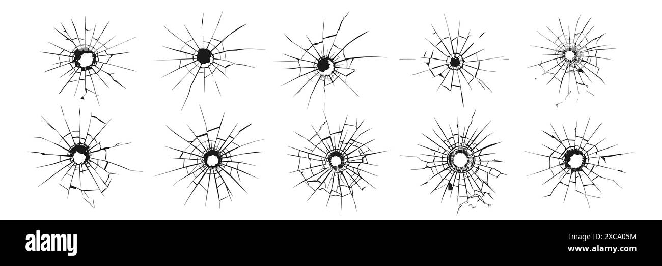 Verre fissuré. Fenêtre brisée, surface de verre brisée et silhouette de texture de verre brisée. Ensemble d'illustrations vectorielles isolées. Illustration de Vecteur