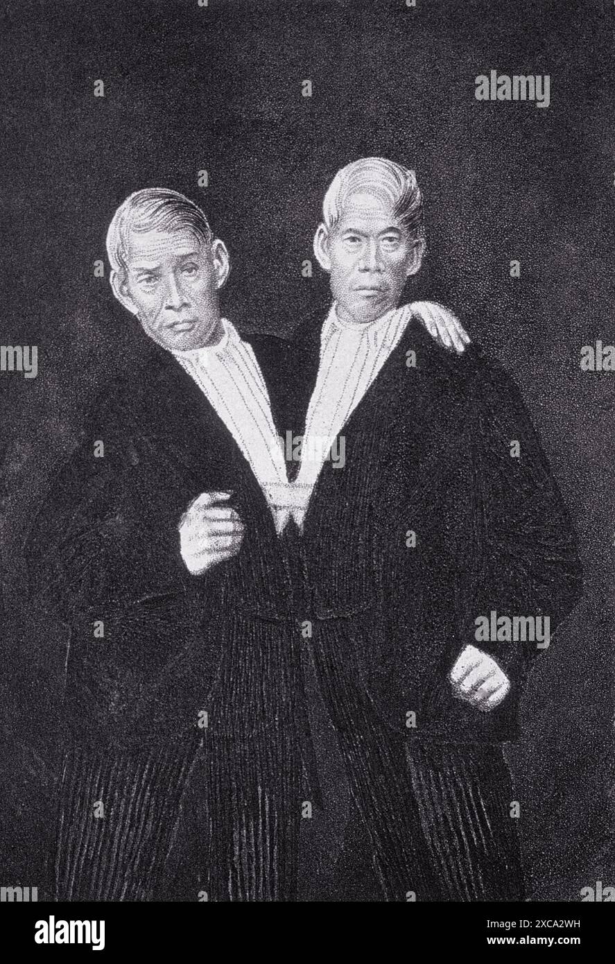 Portrait aquatinte de Chang et Eng Bunker, jumeaux siamois-américains, célèbres au XIXe siècle. Ils sont représentés portant des vêtements formels, avec le bras Changs reposant sur l'épaule ENGS. Le fond sombre et le style de gravure détaillée créent une image frappante de ces personnages historiques. Banque D'Images
