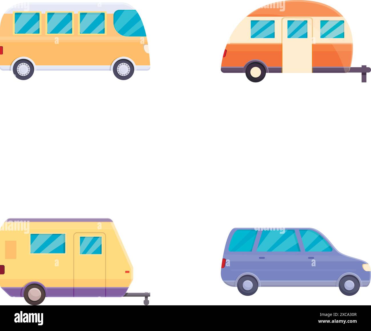 Les icônes de voiture de camping définissent le vecteur de dessin animé. Fourgonnette et camionnette avec remorque. Vacances d'été, voyage touristique Illustration de Vecteur