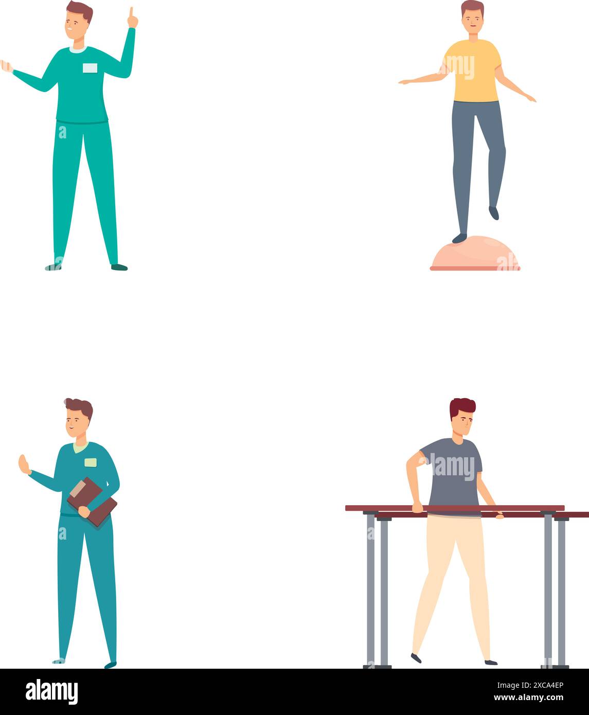 Icônes de réhabilitation de blessure définissent le vecteur de dessin animé. Le thérapeute aide le patient à se rétablir. Physiothérapie, centre de rééducation Illustration de Vecteur