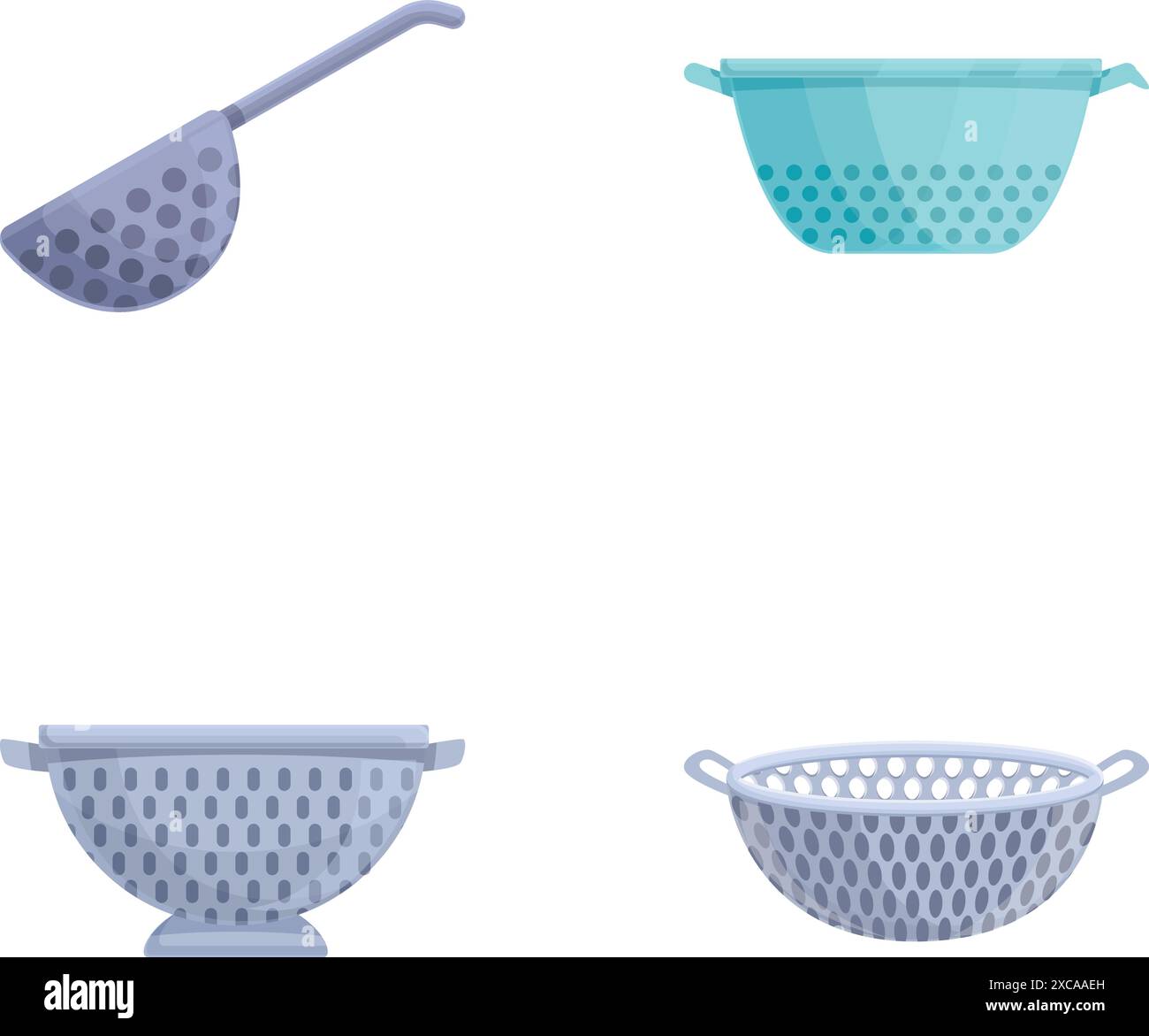 Les icônes de passoire de cuisinière définissent le vecteur de dessin animé. Passoire de différentes formes et couleurs. Ustensiles de cuisine Illustration de Vecteur