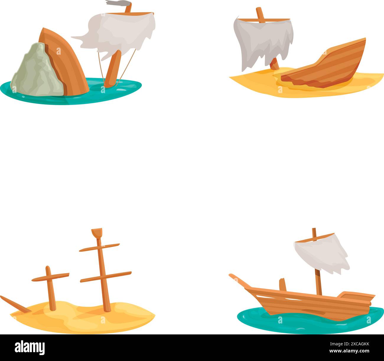 Collection colorée d'épaves de dessins animés avec différents thèmes nautiques, avec des illustrations vectorielles isolées de navires coulés, abandonnés et chavirés lors de catastrophes maritimes Illustration de Vecteur