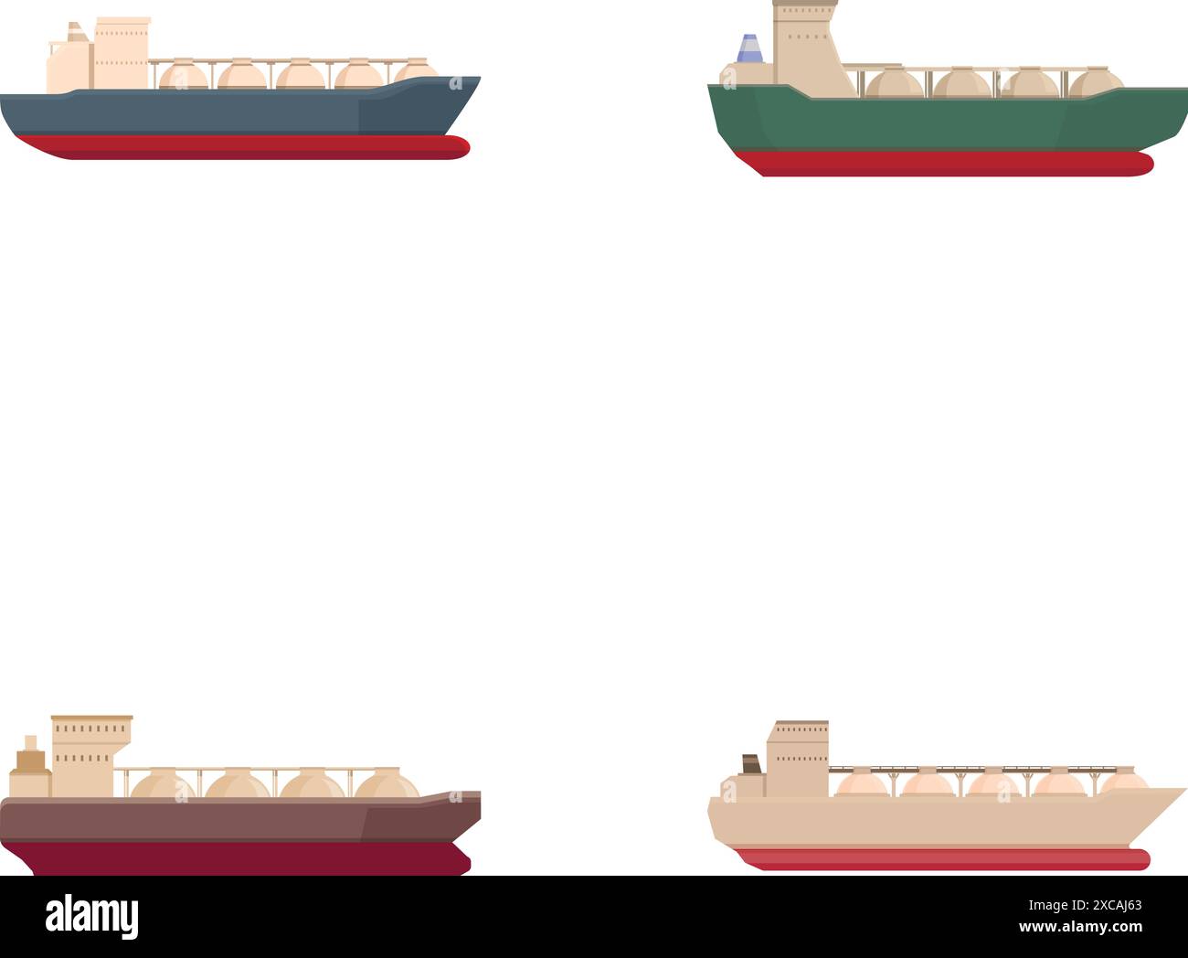 Illustration de quatre navires porte-conteneurs de différentes couleurs, conçus dans un style plat et moderne Illustration de Vecteur