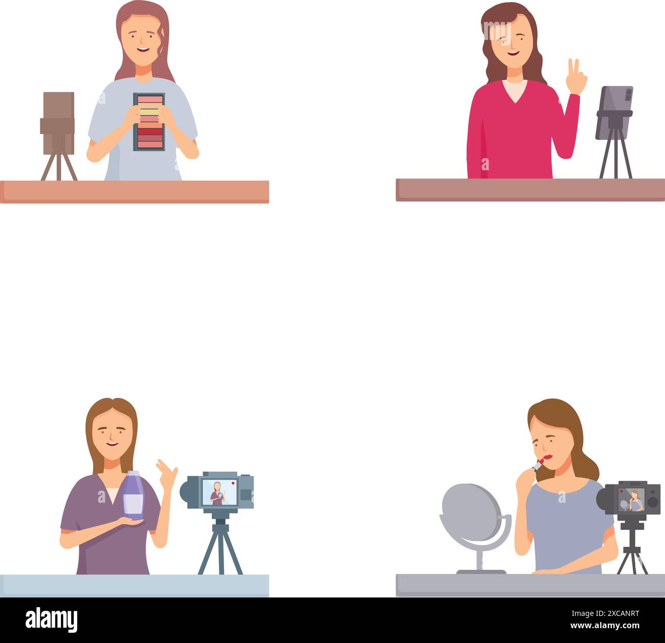 Illustrations mettant en vedette des podcasteurs avec microphones et matériel d'enregistrement dans diverses poses Illustration de Vecteur