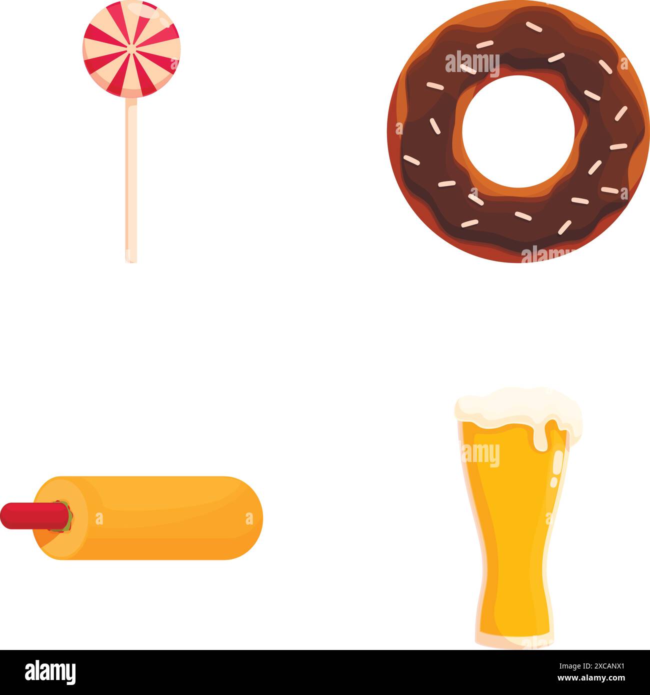 Illustration graphique d'une sucette, beignet, hot dog et tasse de bière, isolé sur blanc Illustration de Vecteur