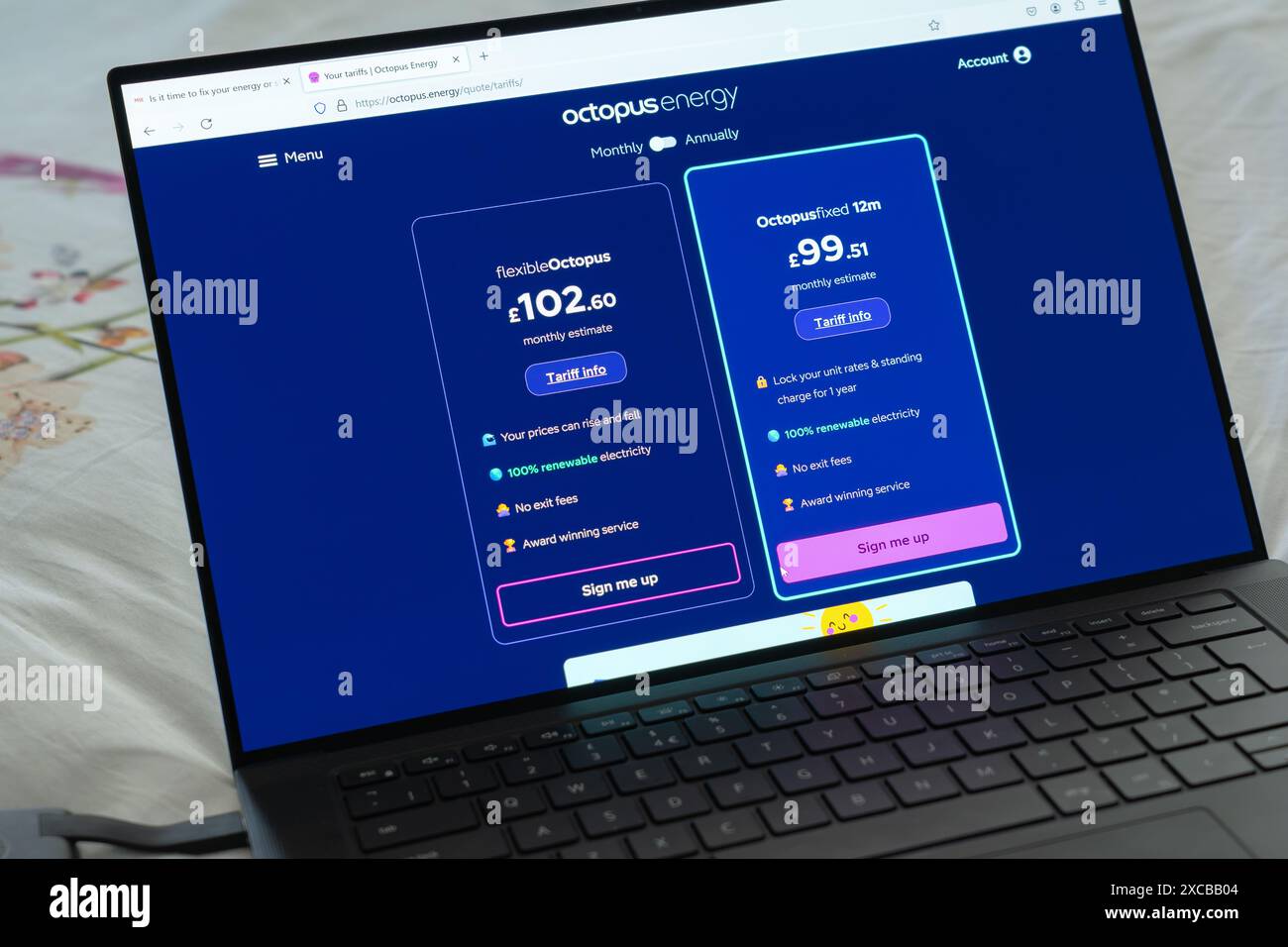 Site web Octopus Energy Group montrant la comparaison tarifaire pour le gaz et l'électricité fixes et flexibles, Royaume-Uni. Concept : prix de l'énergie, plafonnement des prix, renouvelable Banque D'Images