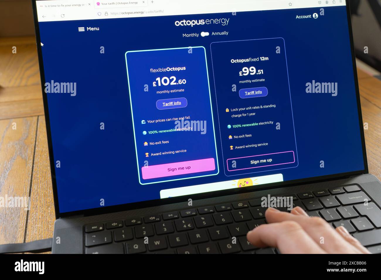 Personne choisissant entre des contrats d’énergie flexibles et fixes sur un écran d’ordinateur portable, Octopus Energy Group est un groupe britannique d’énergie renouvelable Banque D'Images
