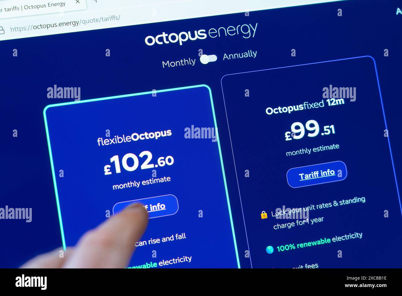 Personne choisissant un tarif énergétique mensuel flexible. Octopus Energy Group est un groupe britannique d’énergies renouvelables spécialisé dans l’énergie durable Banque D'Images