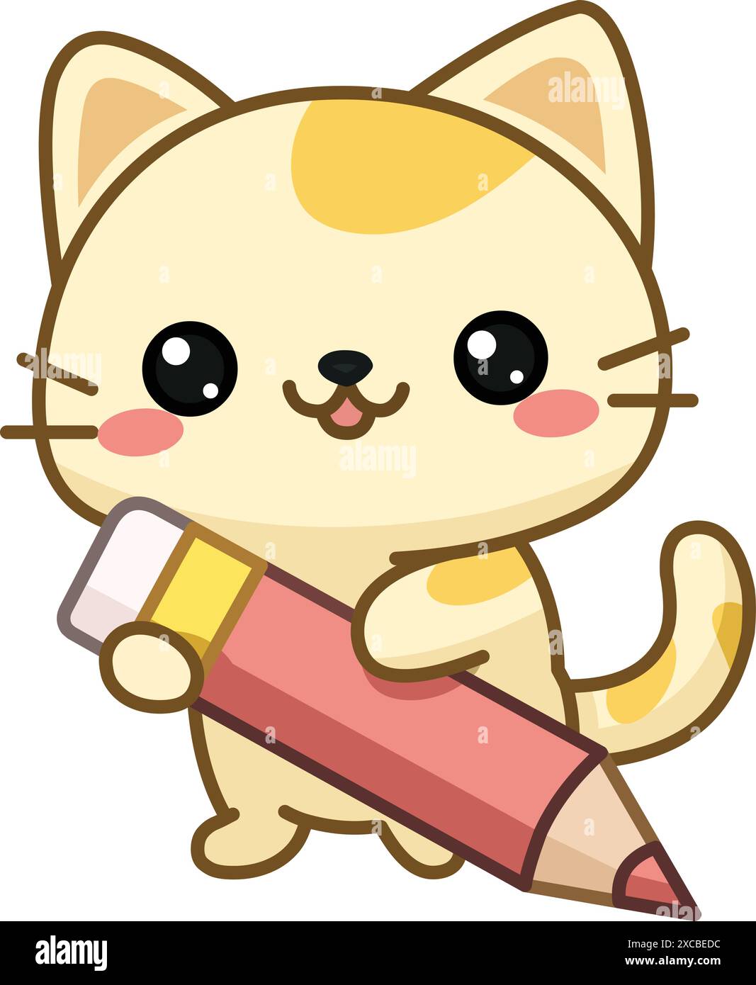 Chat chaton heureux tenant un grand crayon Illustration de Vecteur