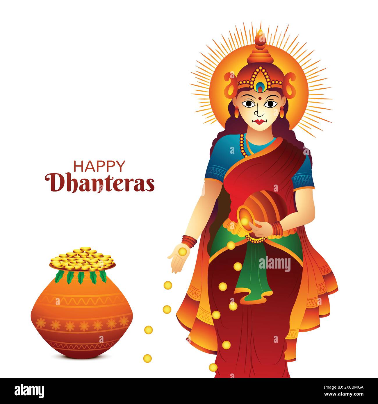 Déesse maa laxmi illustration avec des pièces de monnaie pour le festival indien haapy dhanteras fond Illustration de Vecteur
