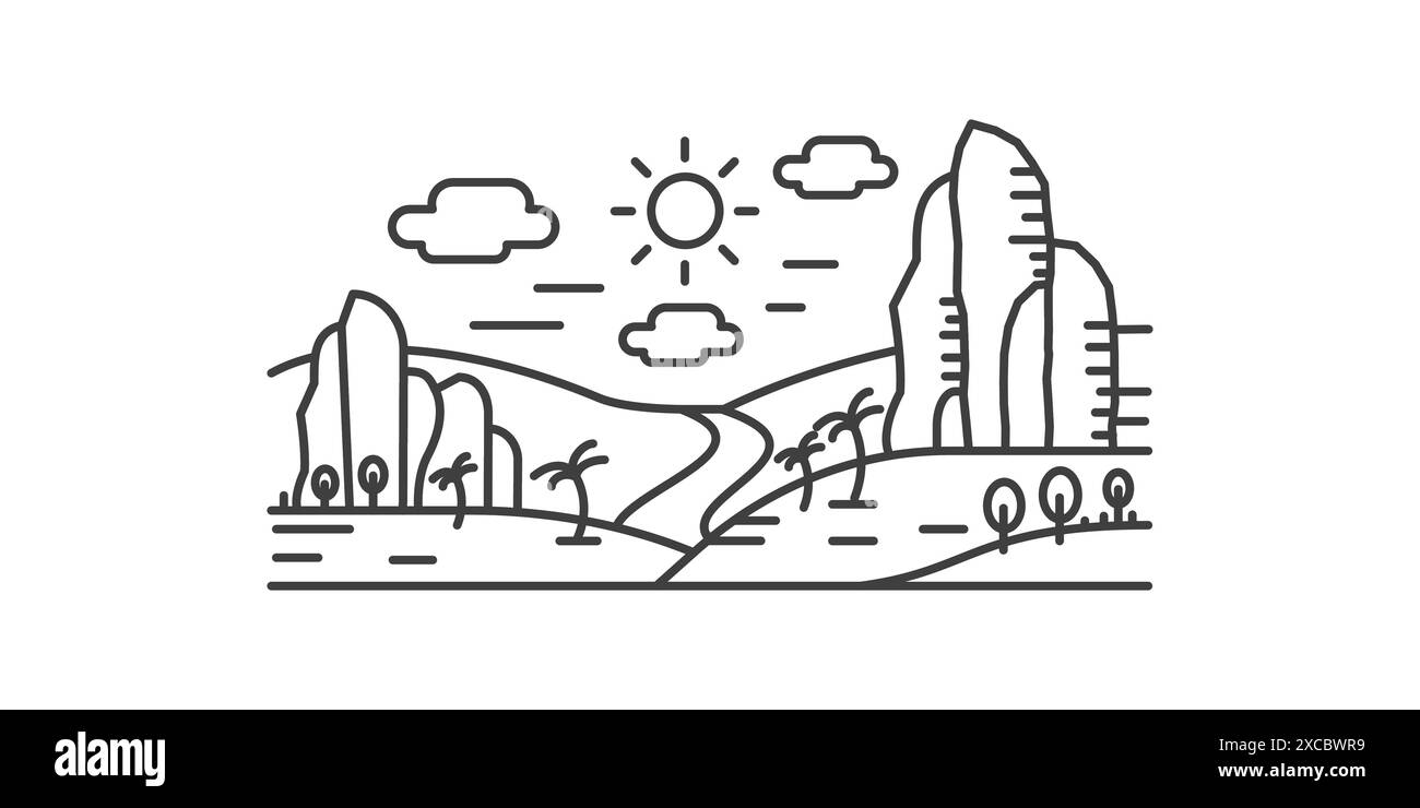 Paysage tropical de montagne, palmiers poussant sur les collines, rivière à l'horizon, illustration vectorielle d'icône de ligne Illustration de Vecteur Paysage tropical de montagne, palmiers poussant sur les collines, rivière à l'horizon, illustration vectorielle d'icône de ligne Illustration de Vecteur