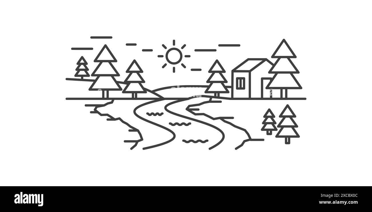Paysage rural de rivière avec forêt de pins et maison sur la banque, illustration vectorielle d'icône de ligne Illustration de Vecteur