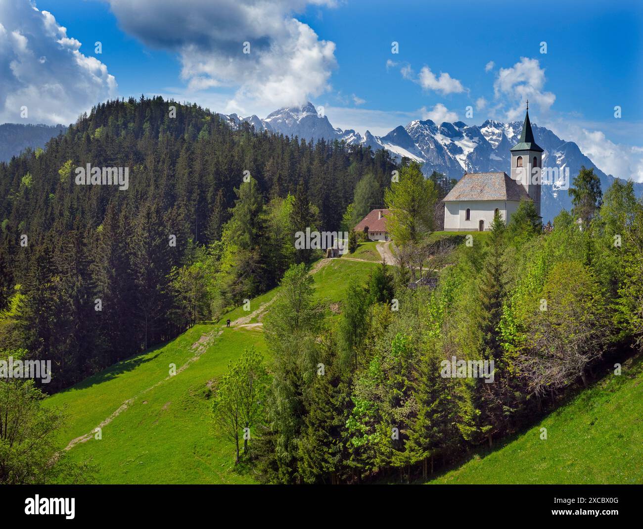 Église Cerkev Sveti Duh à Solčava avec chaîne de montagnes Kamnik–Savinja Alpes en Slovénie Banque D'Images