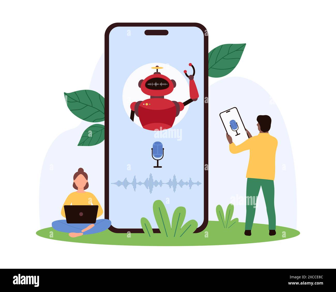 Assistant AI, conversation virtuelle du client et chatbot, réponses aux questions. De minuscules personnes enregistrent un message vocal dans l'application mobile de chat avec robot sur l'écran de smartphone illustration vectorielle de dessin animé Illustration de Vecteur