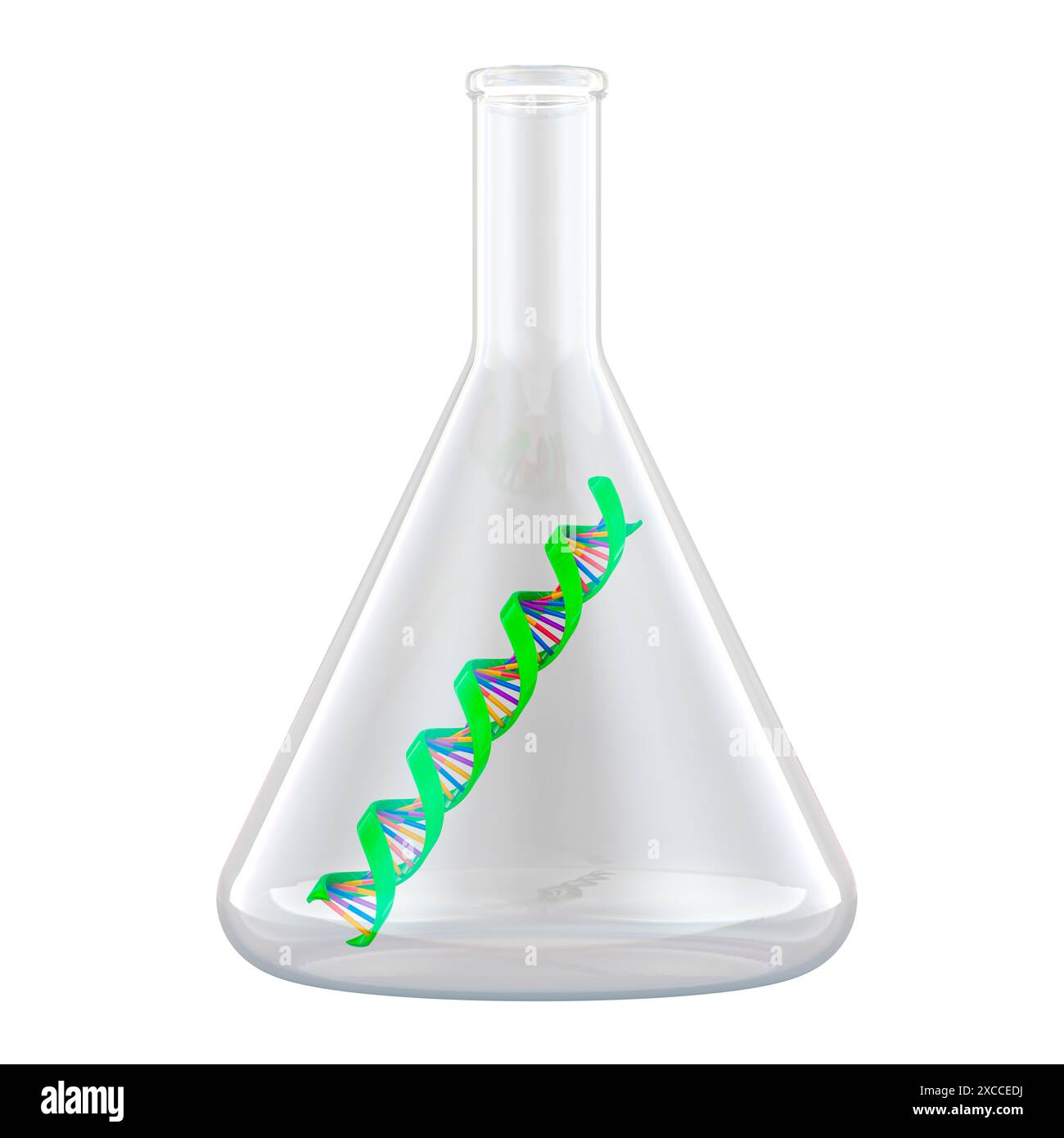 Flacon chimique avec spirale d'ADN à l'intérieur. Recherche biotechnologique, concept. Rendu 3D isolé sur fond blanc Banque D'Images