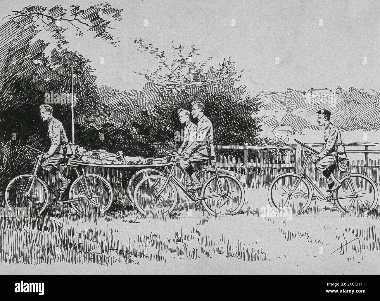 Ce dessin à la plume et à l'encre illustre une ambulance cycliste de campagne utilisée pendant la guerre des Boers. Trois hommes transportent un soldat blessé sur une civière attachée à l'avant d'une bicyclette. Les hommes sont habillés en tenue militaire, soulignant l'importance de soins médicaux rapides et efficaces sur le terrain. La scène se déroule dans un paysage rural, avec des arbres et une clôture en arrière-plan, évoquant les défis auxquels le personnel médical est confronté en temps de guerre. Banque D'Images