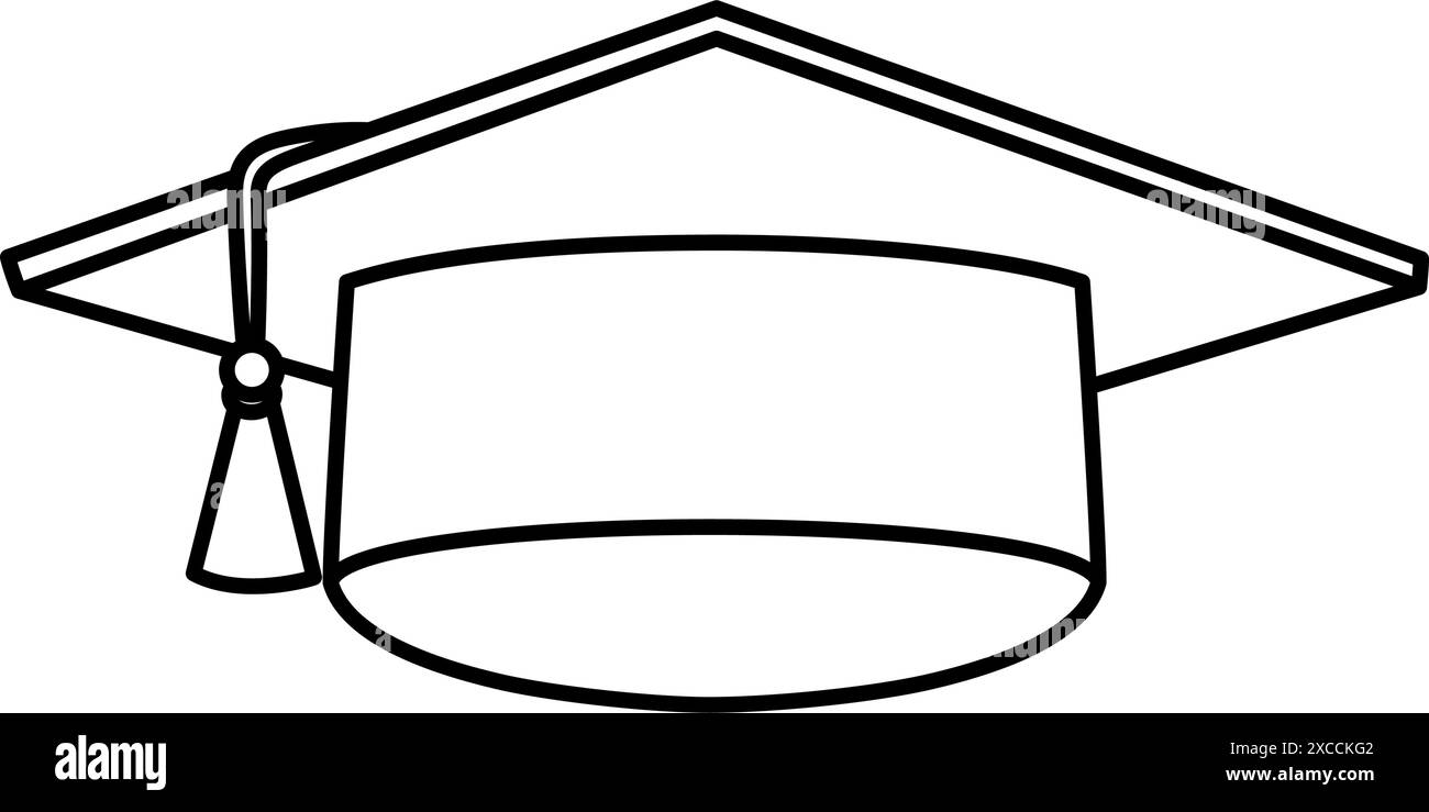 Icône minimaliste du capuchon de graduation. Chapeau de graduation est une coiffe pour la cérémonie de graduation. Contour noir du chapeau de graduation avec une pampille suspendue Illustration de Vecteur