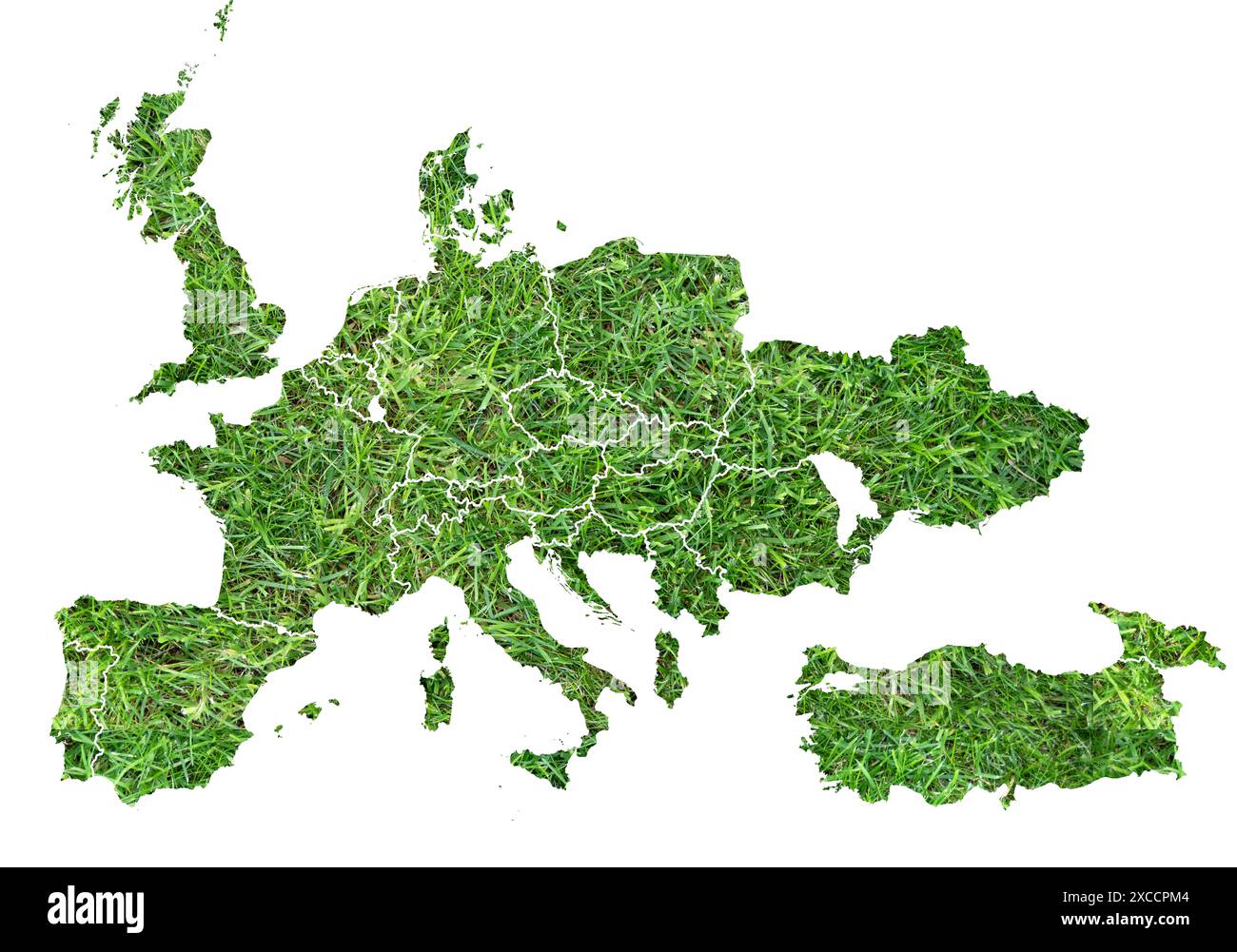 Carte d'Europe montrant les pays du Championnat d'Europe de football 2024 avec un terrain de football en herbe Banque D'Images