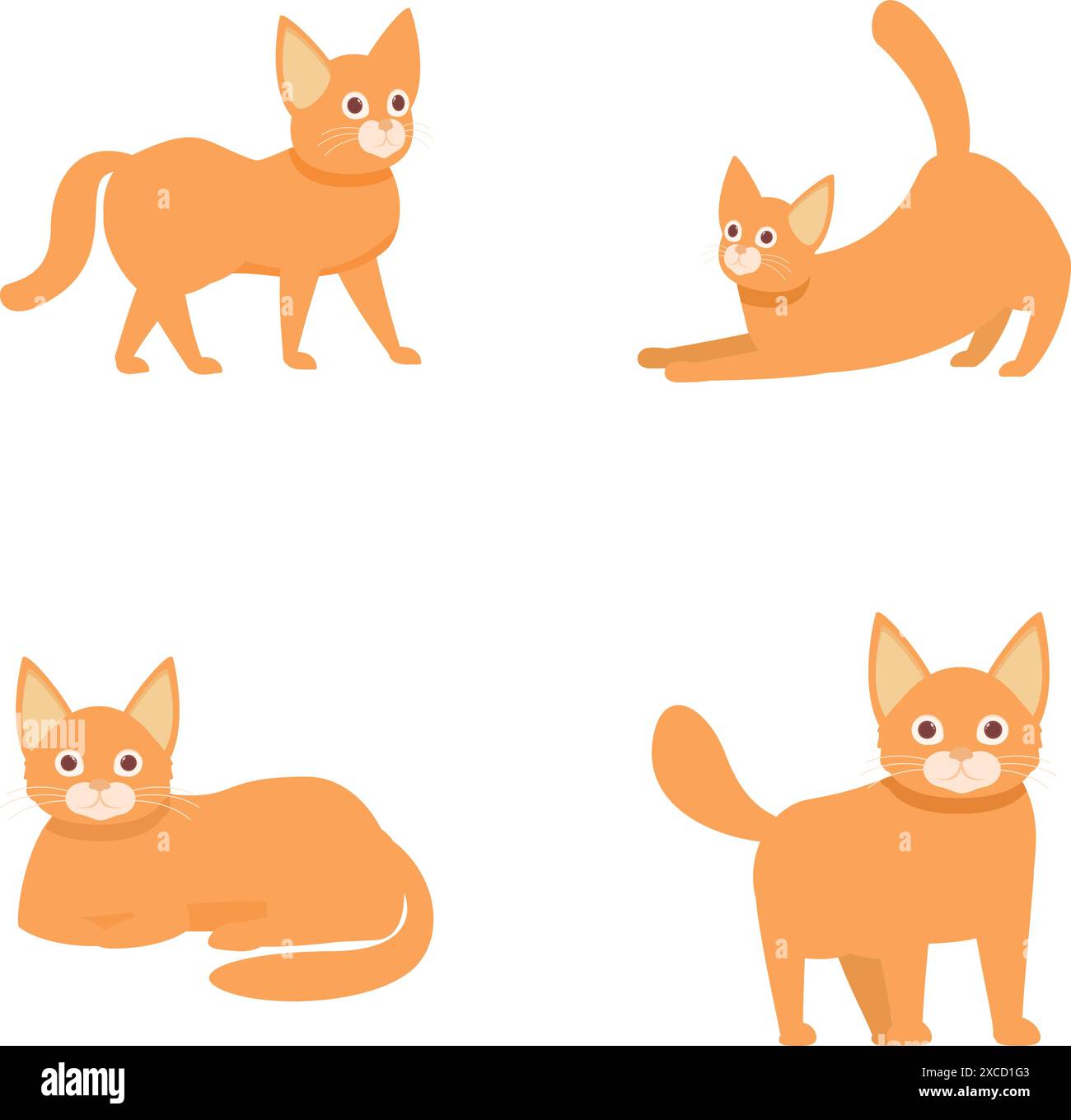 Collection de quatre adorables chats de dessin animé au gingembre affichant différentes positions et expressions ludiques Illustration de Vecteur