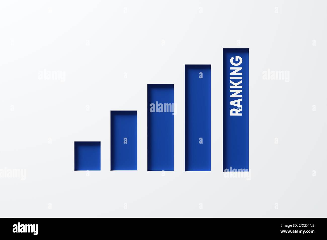 Augmentation de la note ou du classement. Graphique à barres ou graphique avec le mot classement sur fond blanc. rendu 3d. Banque D'Images
