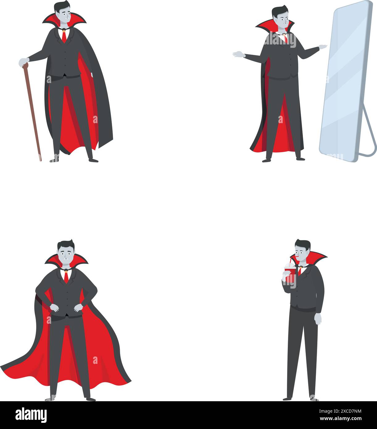 Ensemble de quatre illustrations élégantes de vampire dans diverses poses, parfaites pour les dessins halloweenthemed Illustration de Vecteur