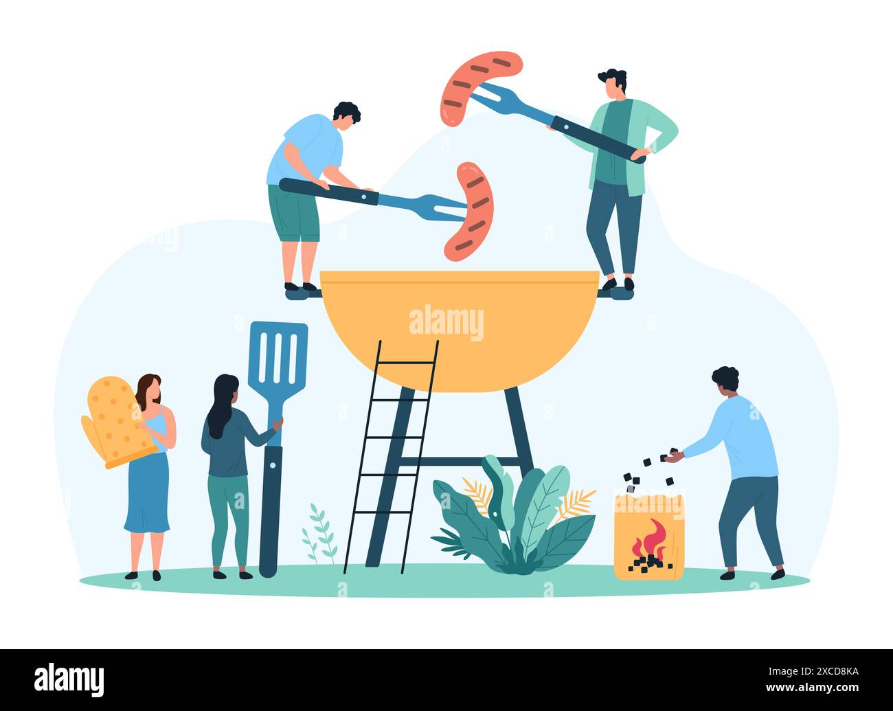 Cuisine barbecue sur le feu, menu de restaurant bio. De minuscules personnes cuisinent et rôtissent des saucisses de viande de barbecue chaudes avec fourchette et spatule, préparation pour le dîner ou pique-nique partie illustration vectorielle de dessin animé Illustration de Vecteur