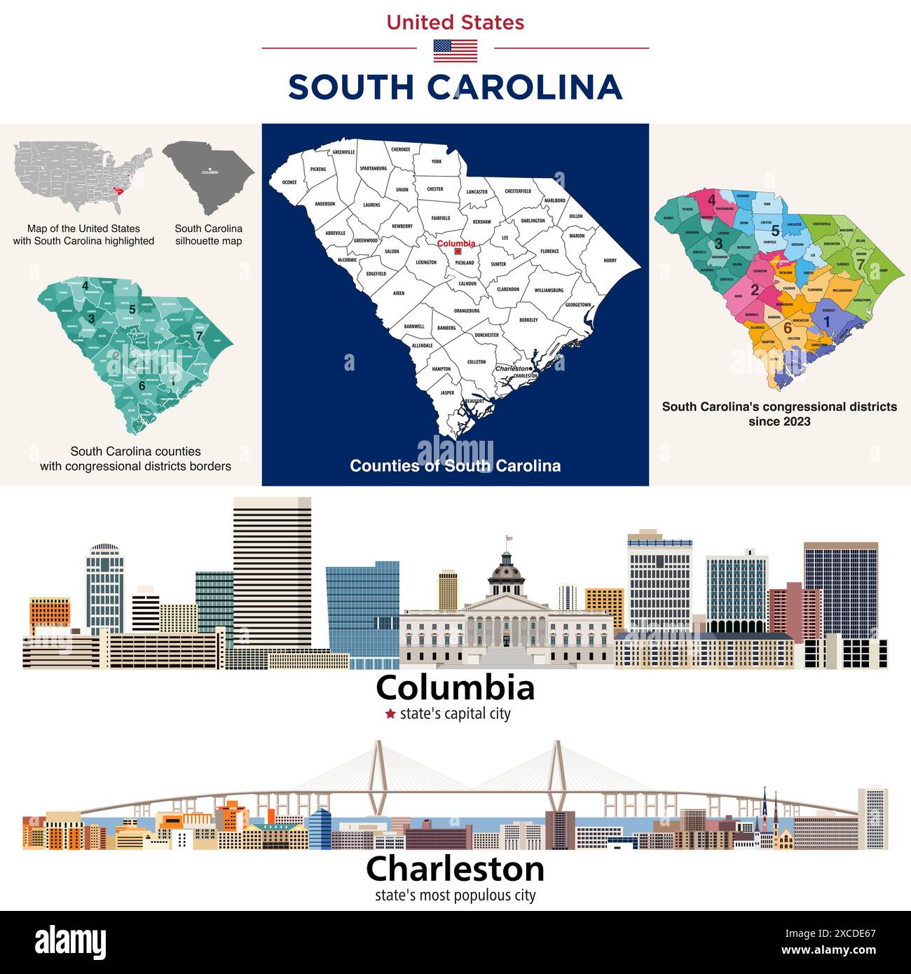 Carte des comtés de Caroline du Sud et carte des districts du Congrès depuis 2023. Columbia (capitale de l'État) et Charleston (ville la plus peuplée de l'État) SK Illustration de Vecteur