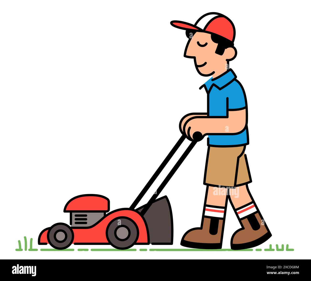 Homme de bande dessinée tondre la pelouse avec une tondeuse à gazon, dessin au trait simple. Illustration clip art vectorielle. Illustration de Vecteur