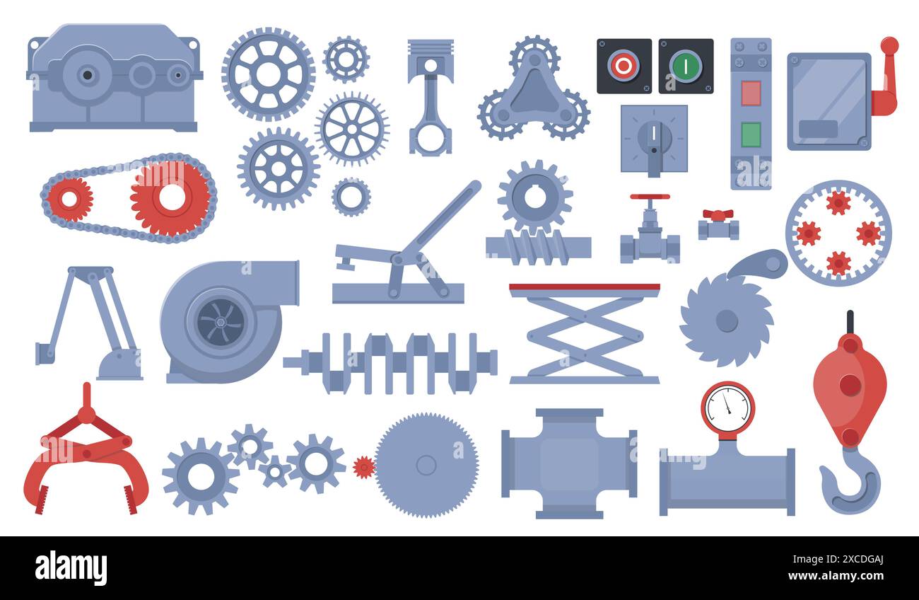 Détails des machines plates. Différents éléments industriels et pièces de mécanisme. Engrenages techniques. Pignon et arbre. Roue dentée en acier. Pompe et chargeur. Usine Illustration de Vecteur