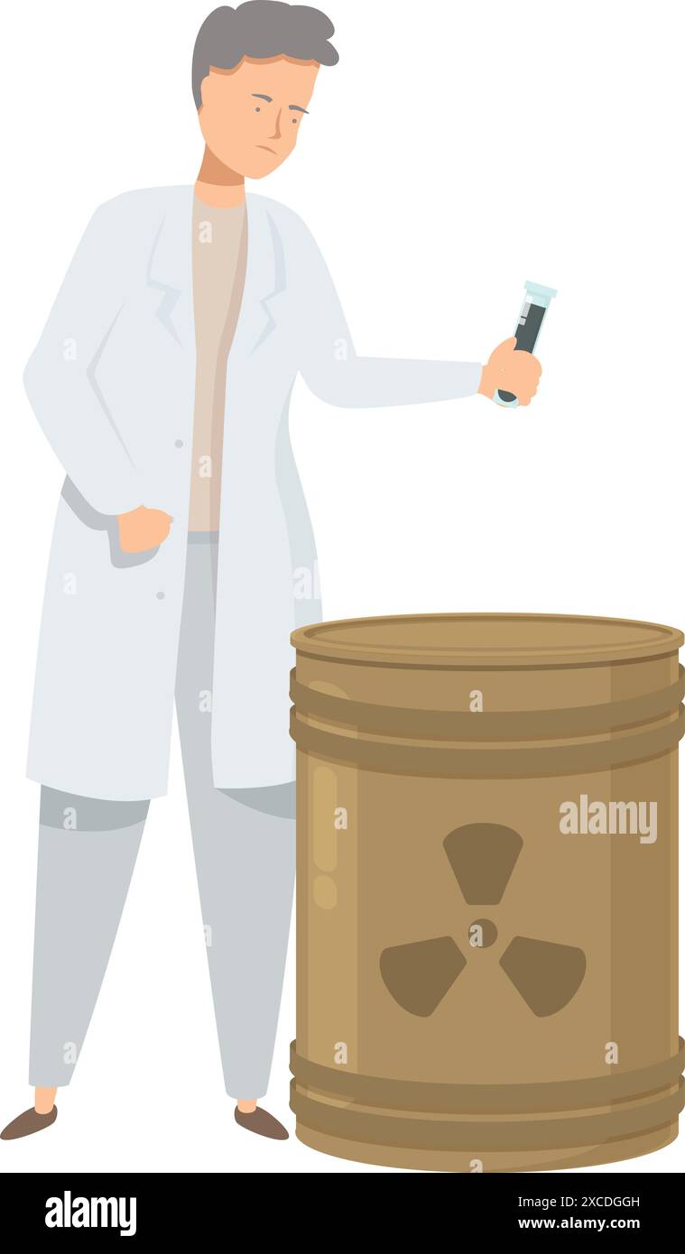 Un scientifique en blouse de laboratoire tient un tube à essai contenant un échantillon provenant d'un baril de déchets radioactifs Illustration de Vecteur