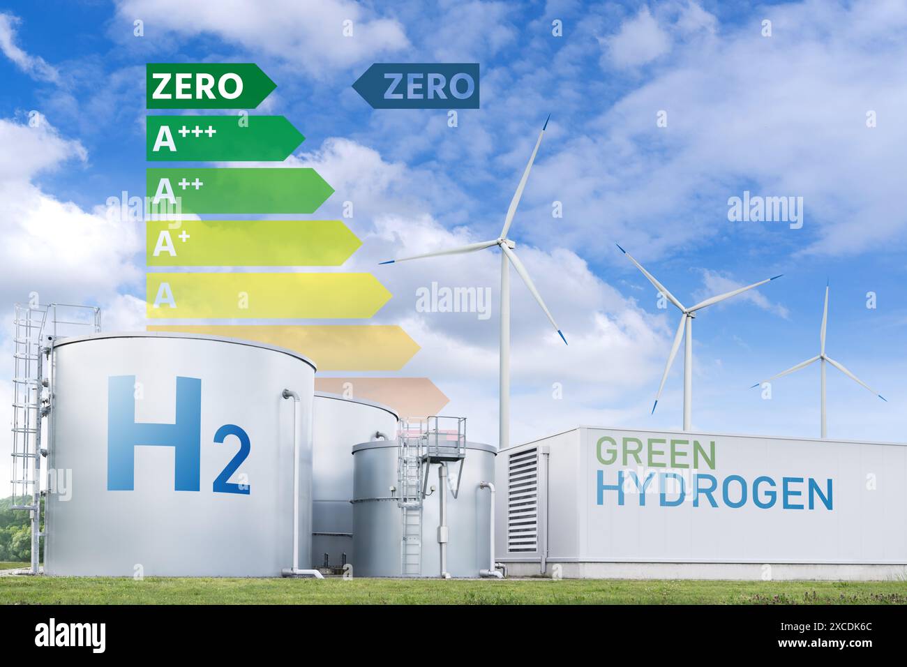 Concept d'usine d'hydrogène vert. Production d'hydrogène à partir de sources d'énergie renouvelables Banque D'Images