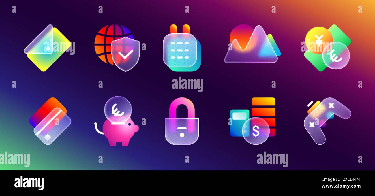 Icônes d'interface utilisateur de morphisme en verre mat transparent avec dégradé de néon violet. Boutons givrés réalistes avec effet de flou glassmorphisme. Ensemble de vecteur de tirelire, enveloppe, calendrier, manette de jeu, serrure pour site Web. Illustration de Vecteur
