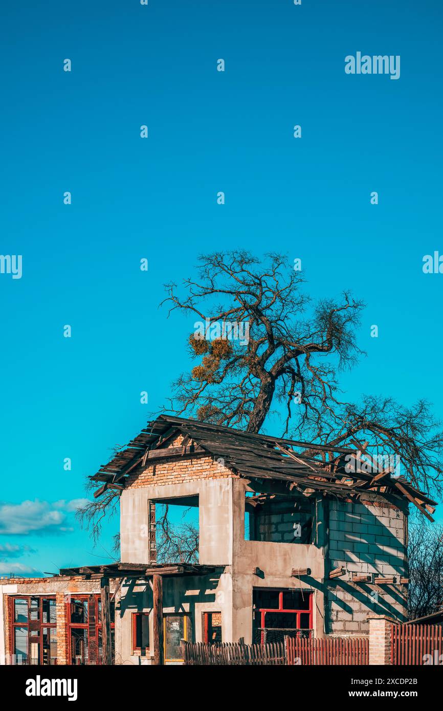 Vieille maison abandonnée inachevée avec arbre poussant derrière et ciel comme espace de copie Banque D'Images