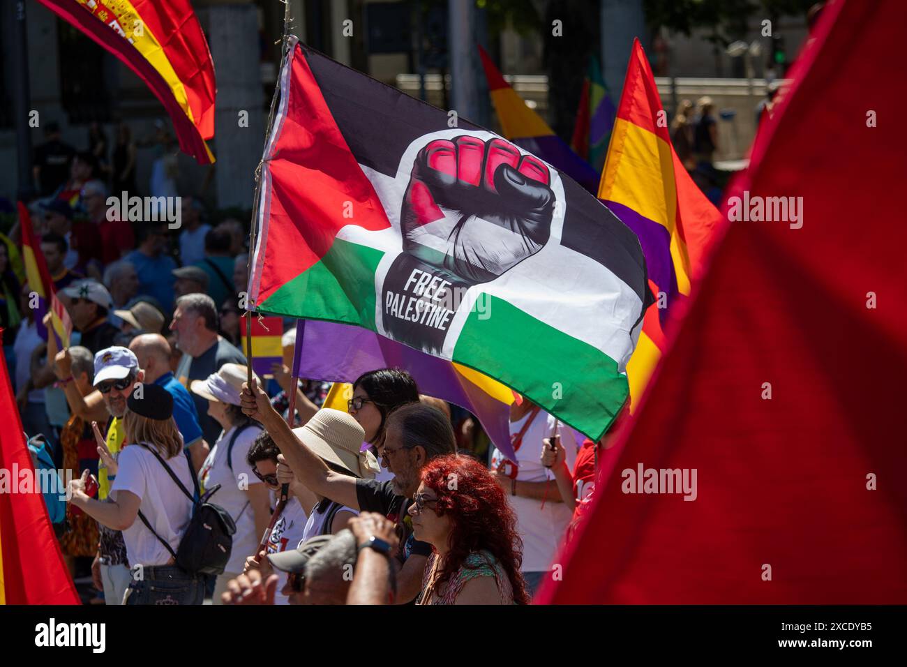 Madrid, Espagne. 16 juin 2024. Un drapeau palestinien flotte lors d'une manifestation républicaine. A l’occasion du 10ème anniversaire du couronnement de Felipe VI comme roi d’Espagne, des milliers de républicains et anti-monarchiques ont manifesté dans le centre de Madrid. Divers groupes ont appelé à une marche républicaine sous le slogan "non monarchie, oui démocratie". (Photo de David Canales/SOPA images/SIPA USA) crédit : SIPA USA/Alamy Live News Banque D'Images