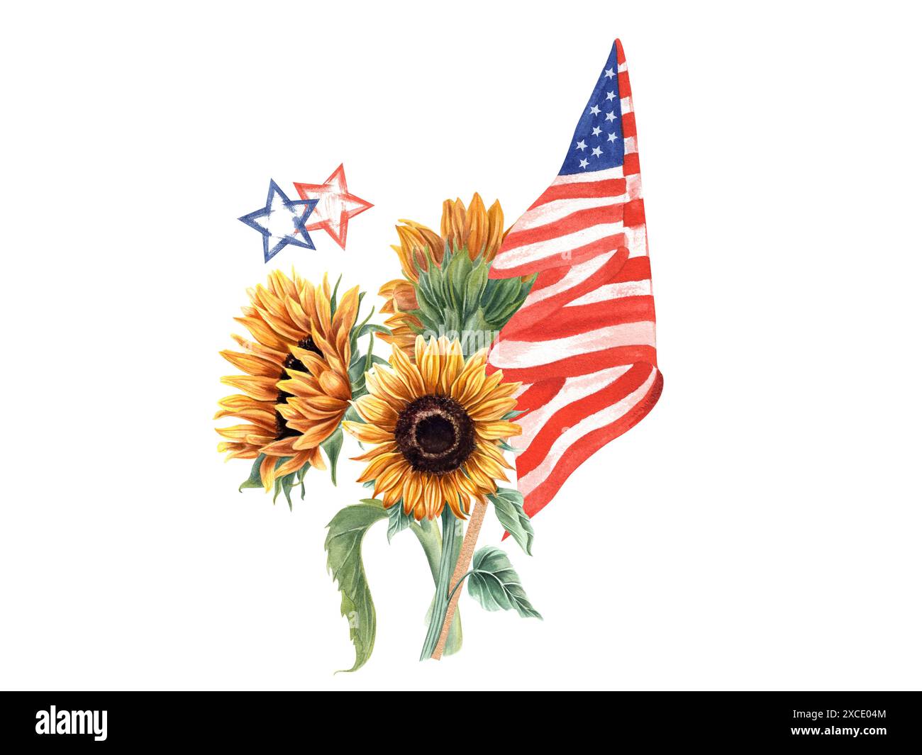 Bouquet de tournesol célébré avec drapeau américain et étoiles. Fleurs jaunes et drapeau national. Illustration aquarelle. Quatrième juillet USA Banque D'Images