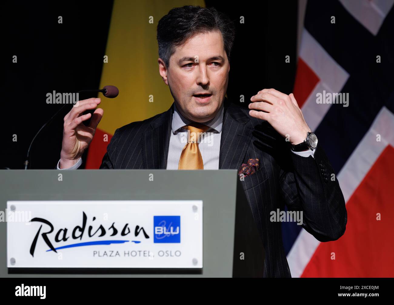 Oslo, Norvège. 16 juin 2024. Ambassadeur de Belgique en Norvège, Jan Bayart prononce un discours à l’arrivée à Oslo, pour une mission économique en Norvège, dimanche 16 juin 2024. La Princesse belge dirige une délégation belge pour discuter de la transition énergétique, de l’économie circulaire, des sciences de la vie et du design au cours des quatre prochains jours. BELGA PHOTO BENOIT DOPPAGNE crédit : Belga News Agency/Alamy Live News Banque D'Images Oslo, Norvège. 16 juin 2024. Ambassadeur de Belgique en Norvège, Jan Bayart prononce un discours à l’arrivée à Oslo, pour une mission économique en Norvège, dimanche 16 juin 2024. La Princesse belge dirige une délégation belge pour discuter de la transition énergétique, de l’économie circulaire, des sciences de la vie et du design au cours des quatre prochains jours. BELGA PHOTO BENOIT DOPPAGNE crédit : Belga News Agency/Alamy Live News Banque D'Images