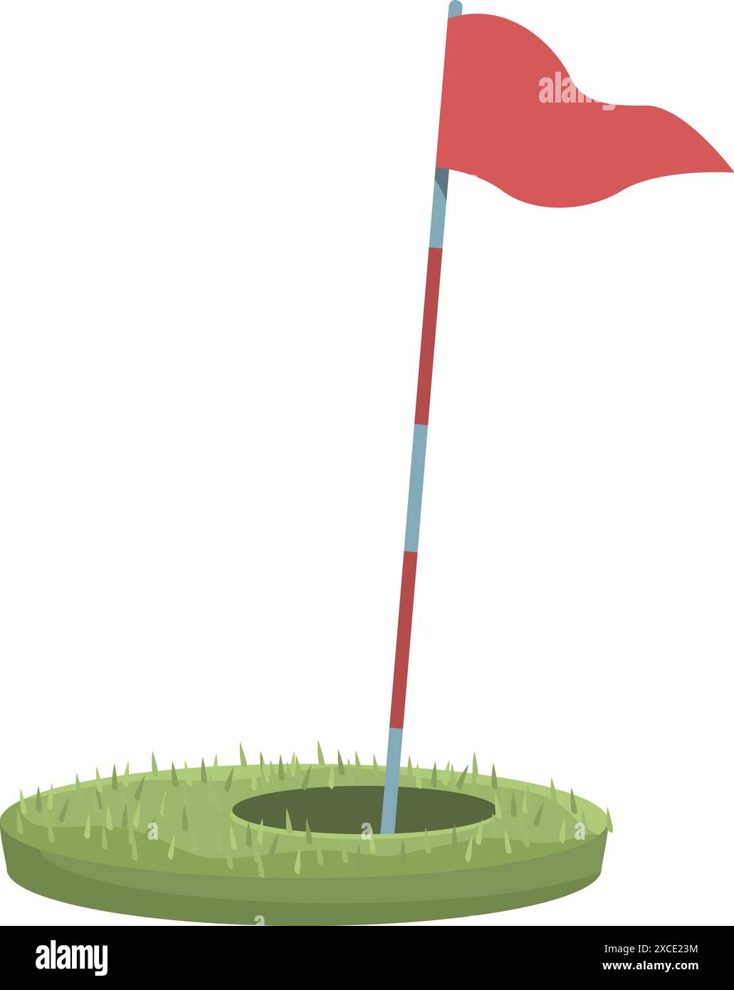 Drapeau de golf rouge ondulant sur l'herbe verte près du trou, isolé sur fond blanc Illustration de Vecteur