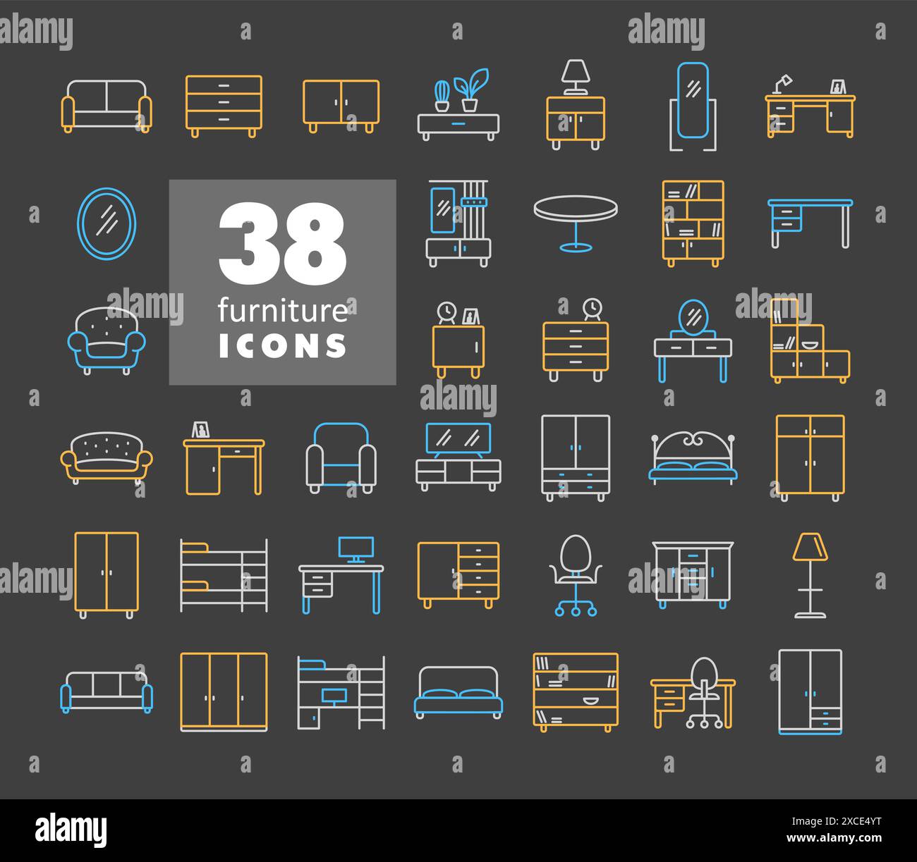 Ensemble simple de vecteur de meubles sur l'icône de fond sombre. Symbole graphique pour meubles, conception de site Web et d'applications, logo, application, interface utilisateur Illustration de Vecteur