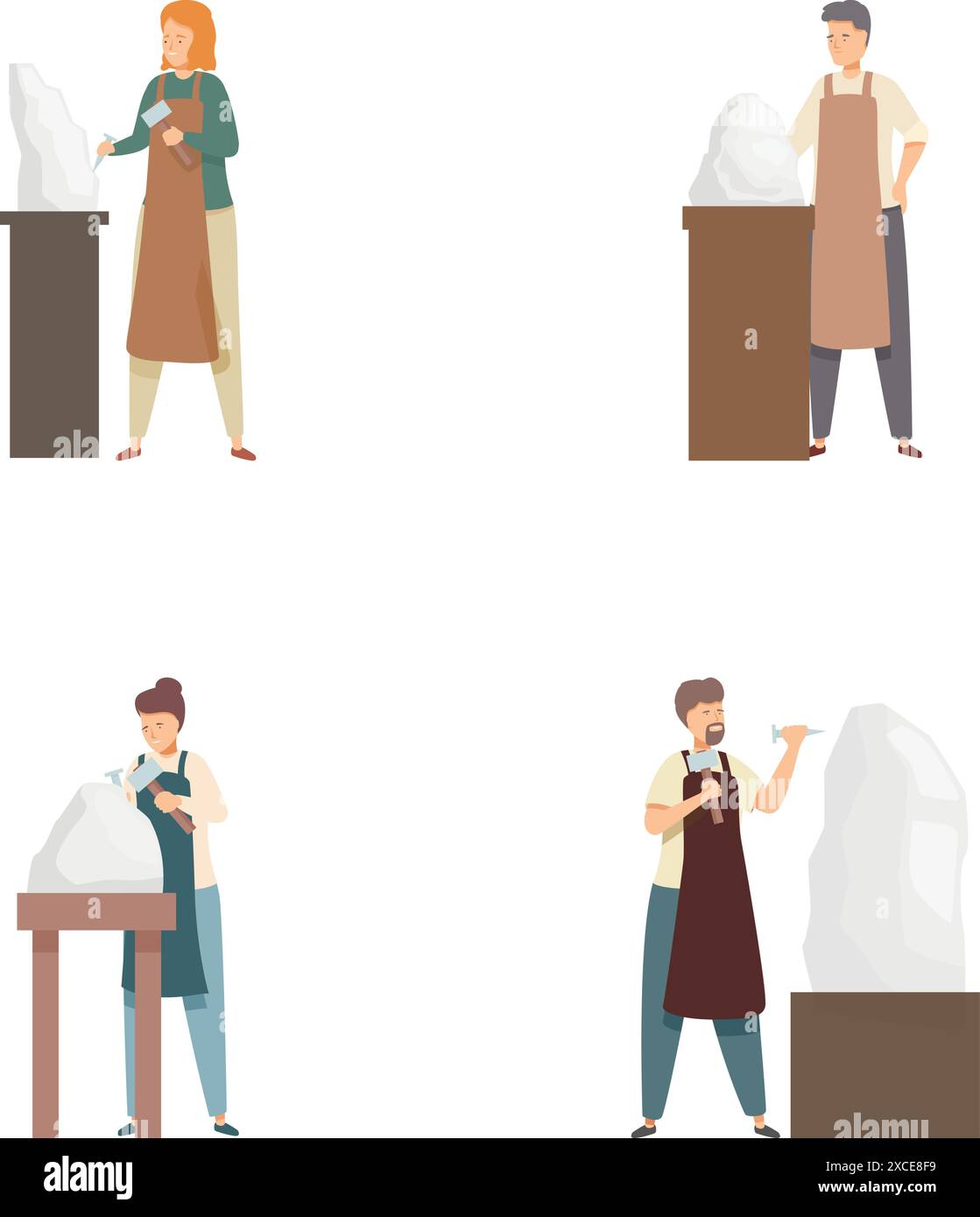 Ensemble de quatre illustrations vectorielles mettant en scène des artistes fabriquant des statues de marbre Illustration de Vecteur
