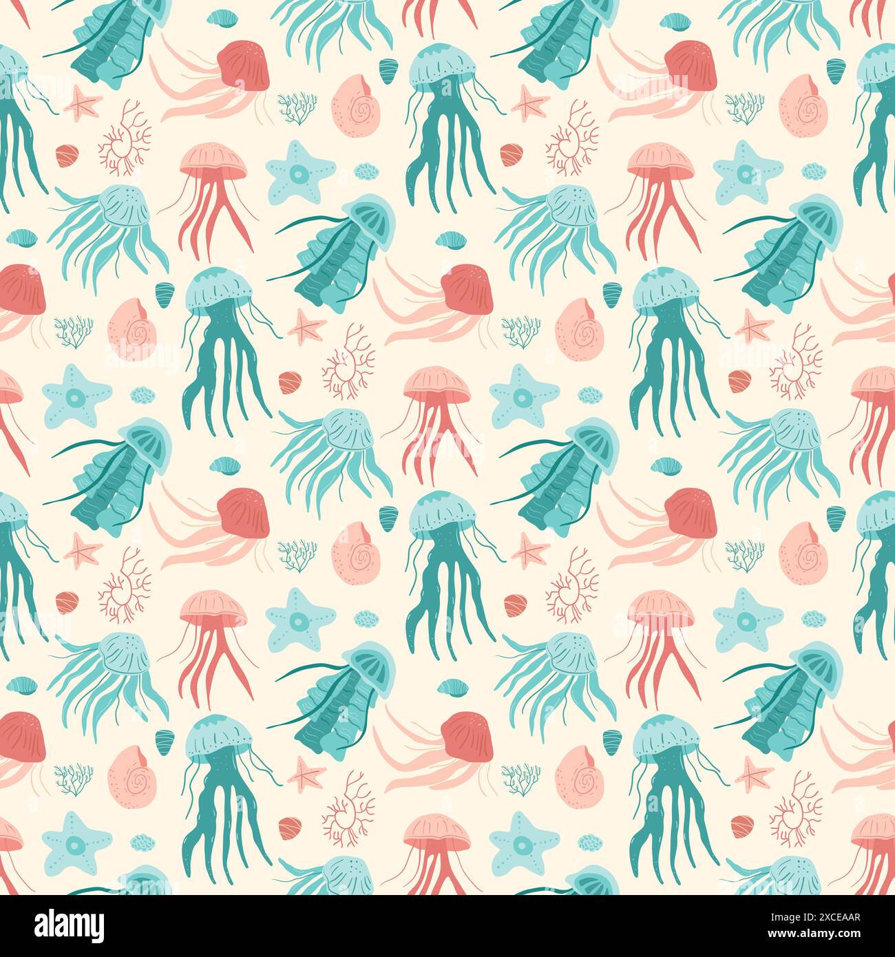 Modèle sans couture d'invertébrés aquatiques. Méduses, étoiles de mer, coquillages et autres arrière-plan sans fin. Couverture de répétition marine Life. Illus dessinés à la main par vecteur Illustration de Vecteur