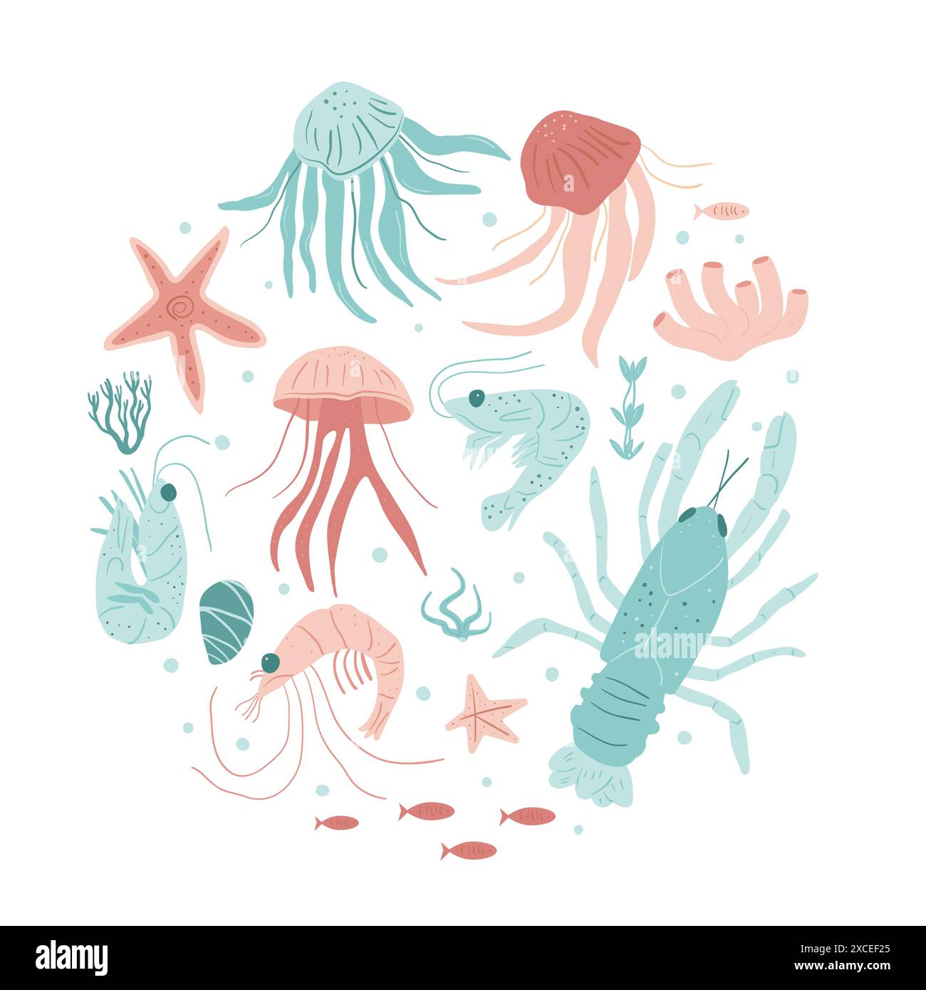 Composition ronde de vie sous-marine isolée sur fond blanc. Crustacés et invertébrés aquatiques. Animaux océaniques et vie marine. Ensemble de vecteur ha Illustration de Vecteur