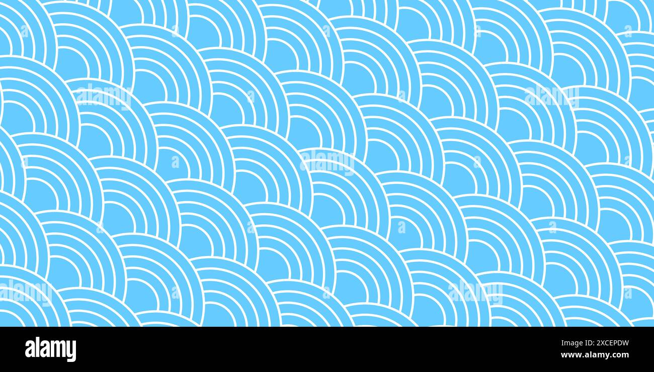 Mer bleue ou vagues océaniques en disposition diagonale. Imprimé coquilles Saint-Jacques. Squama de poisson, dragon ou fond d'échelle de serpent. Motif seigaiha japonais. Ornement géométrique simple. Illustration vectorielle plate. Illustration de Vecteur