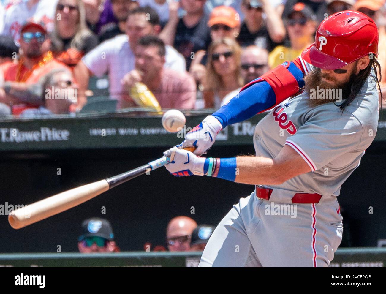 Baltimore, États-Unis. 16 juin 2024. BALTIMORE, MD - 16 JUIN : Brandon Marsh (16), joueur de la batte des Philadelphia Phillies, lors d'un match MLB entre les Orioles de Baltimore et les Phillies de Philadelphie, le 16 juin 2024, à Orioles Park à Camden Yards, à Baltimore, Maryland. (Photo de Tony Quinn/SipaUSA) crédit : Sipa USA/Alamy Live News Banque D'Images