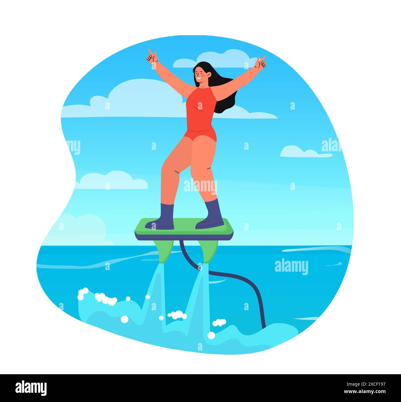 Voler sur flyboard. Femme en maillot de bain rouge patine à travers l'eau. Mode de vie actif et sports extrêmes. Touriste dans les pays tropicaux sur mer. Dessin animé Illustration de Vecteur